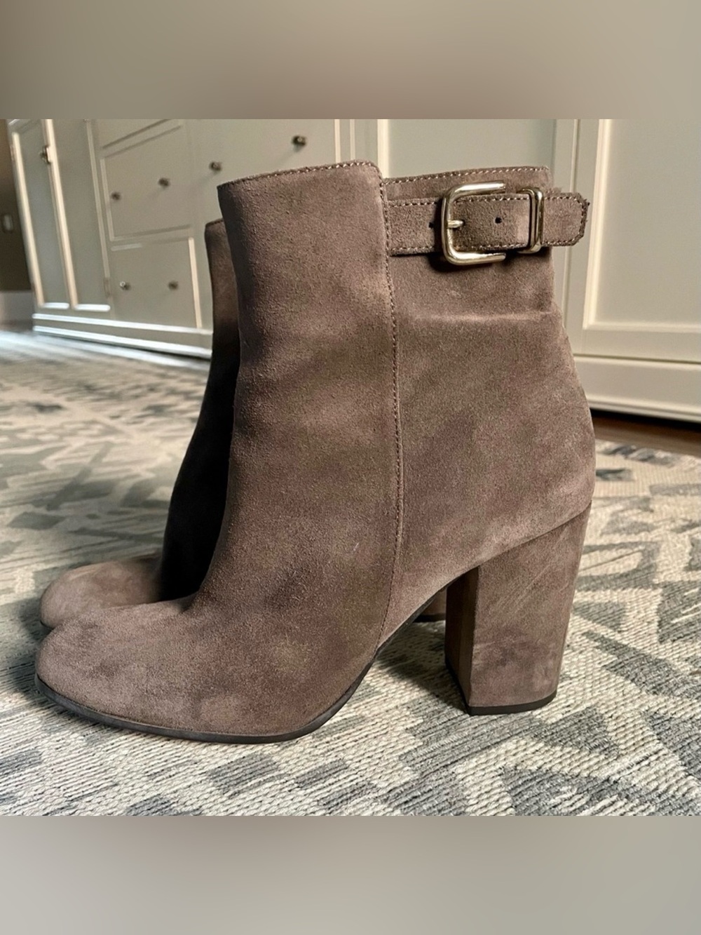 J. Crew taupe suede mid-ankle booties, size 7.5 and 3.5 inch heels.